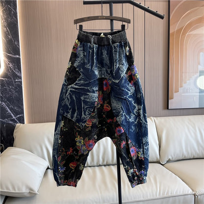 Drop crotch pants large size floral print denim harem baggy pants