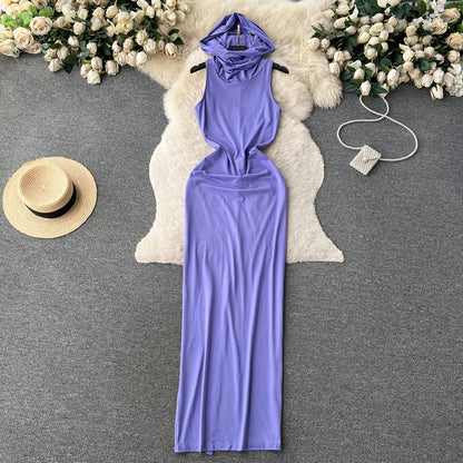 Long straight dress hooded sleeveless female tight slim dress