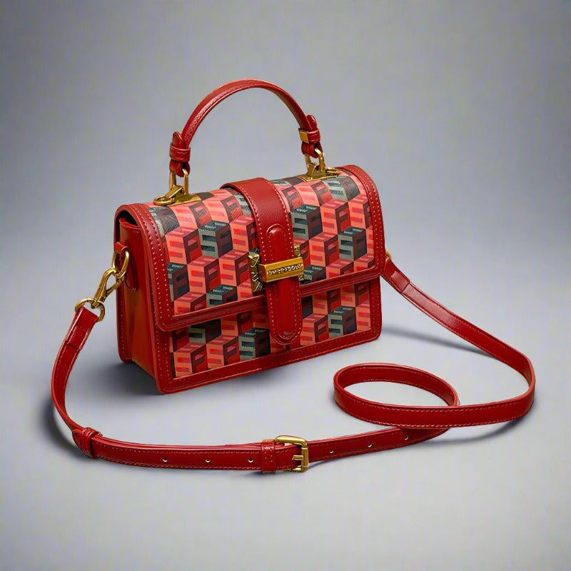 Red genuine leather one shoulder diagonal cross bag