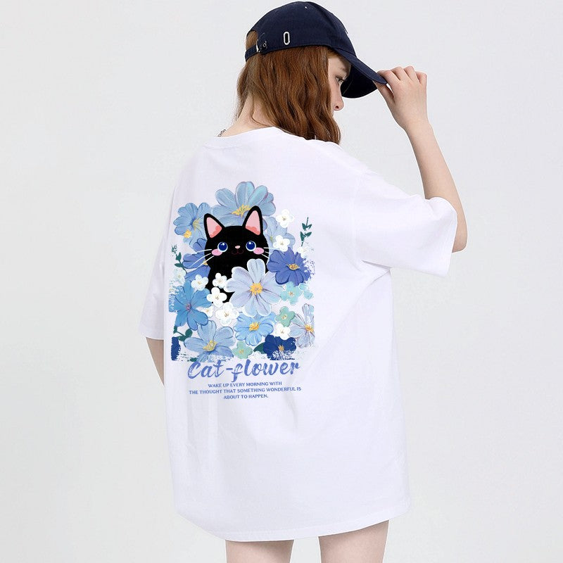 Haze Blue Kitten Print T-shirt Women's Cartoon Top Loose Fit