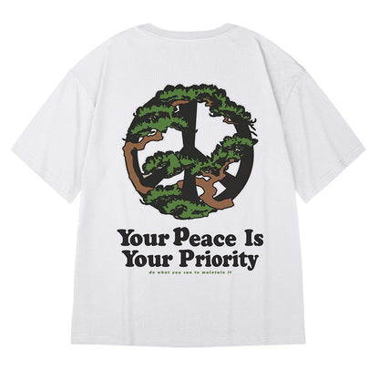 Peace graphic print Heavy  loose large size T-shirt couple wear