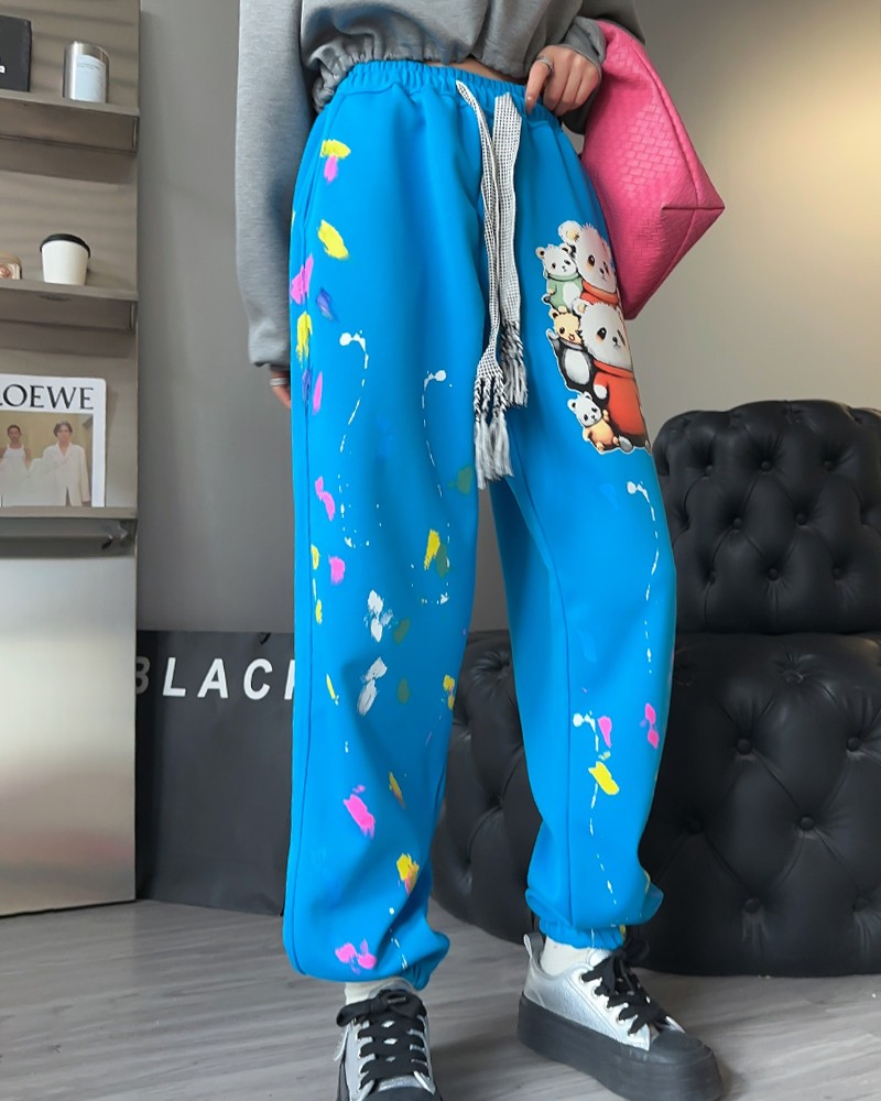 Cartoon printed drawstring leggings sweatpants for women