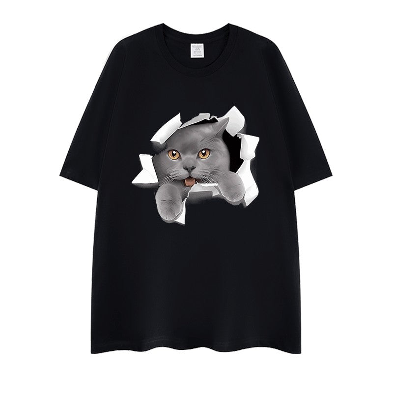 Unisex cat print loose casual oversize heavy cotton t-shirt round neck