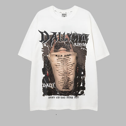 Daily dark print short sleeved loose unisex T-shirt