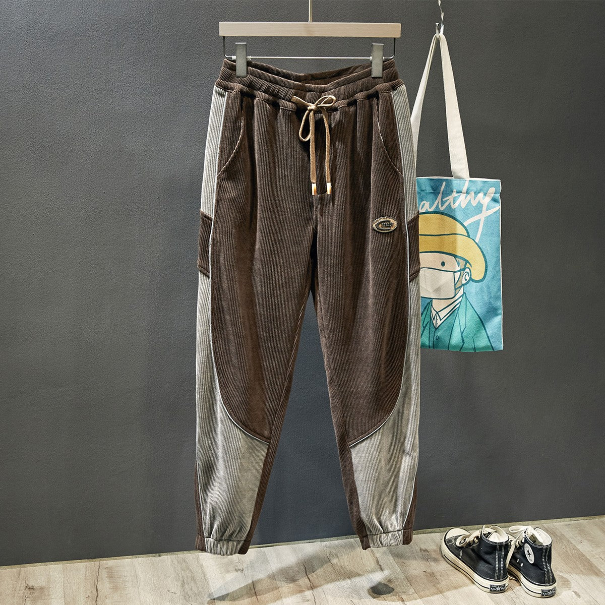 Stitched corduroy sweatpants men's pants