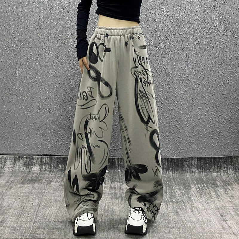 Ink printing plus sports casual pants for women wide-leg pants