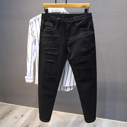 Black distressed jeans for men's slim fit patch pants