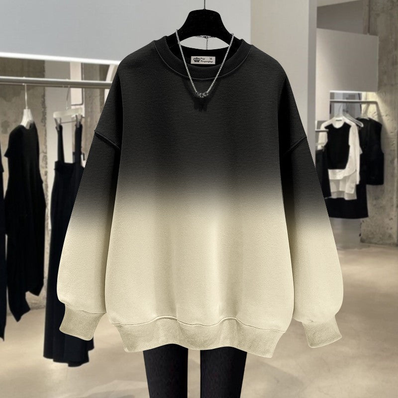 Gradient round neck hoodie women plush loose fitting mid length top