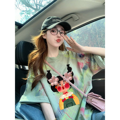 Cartoon print short-sleeved T-shirt for women 2024 new summer American tie-dye sweet design heavy loose top