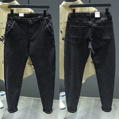 Black distressed jeans for men's slim fit patch pants