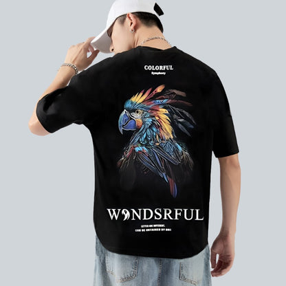 Unisex camicia trend big rooster print hem short-sleeved T-shirt men's summer hip pop top