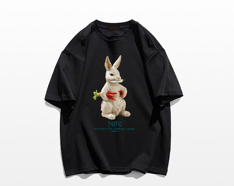 Cartoon rabbit print short sleeved T-shirt for women's summer oversize tee