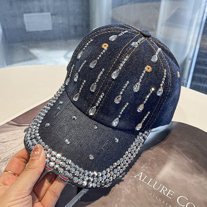 Rhinestone peaked hat water drop denim baseball cap