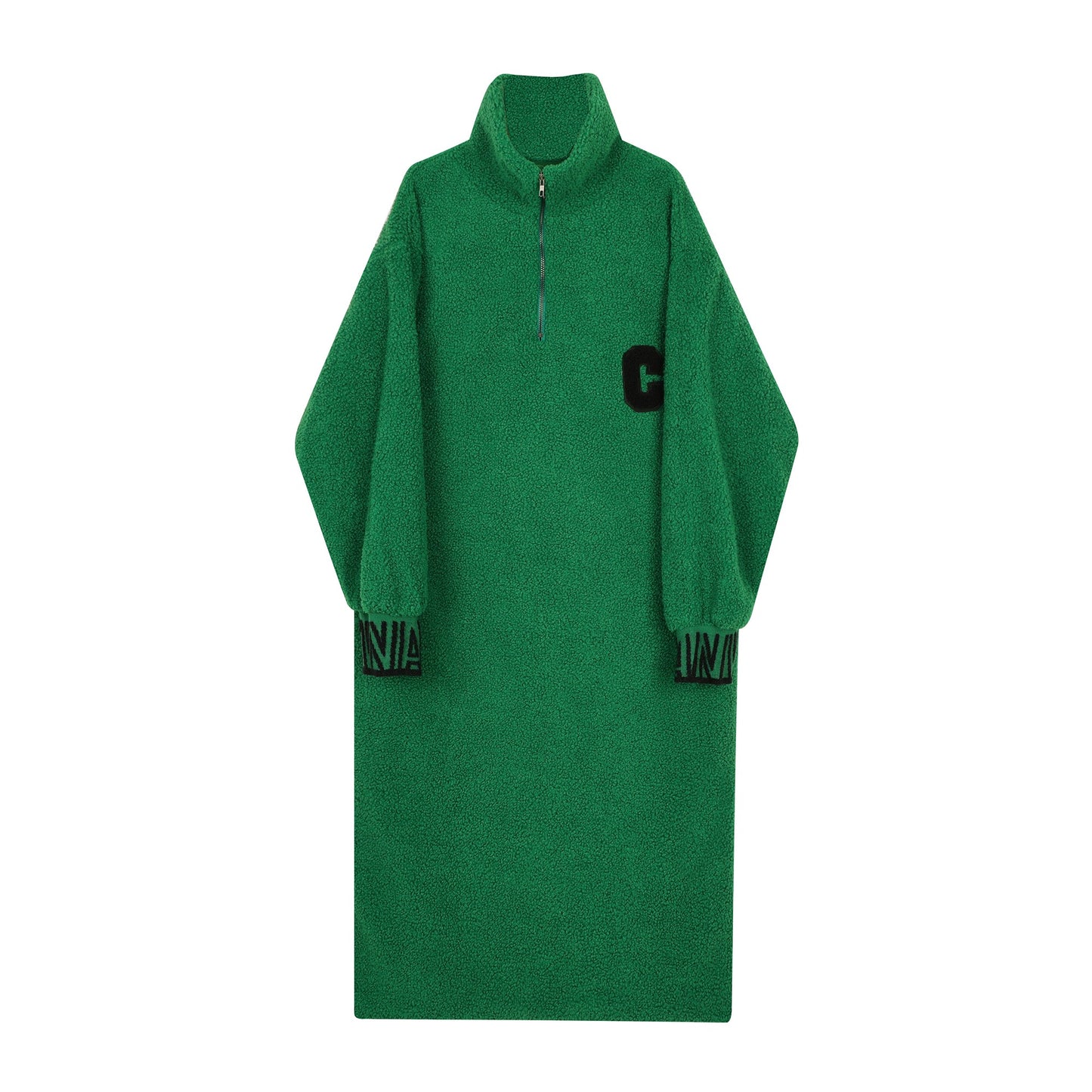 Stand up Collar Embroidered Letter Thickened Lamb Fleece Sweater Dress