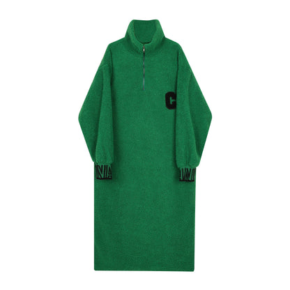 Stand up Collar Embroidered Letter Thickened Lamb Fleece Sweater Dress