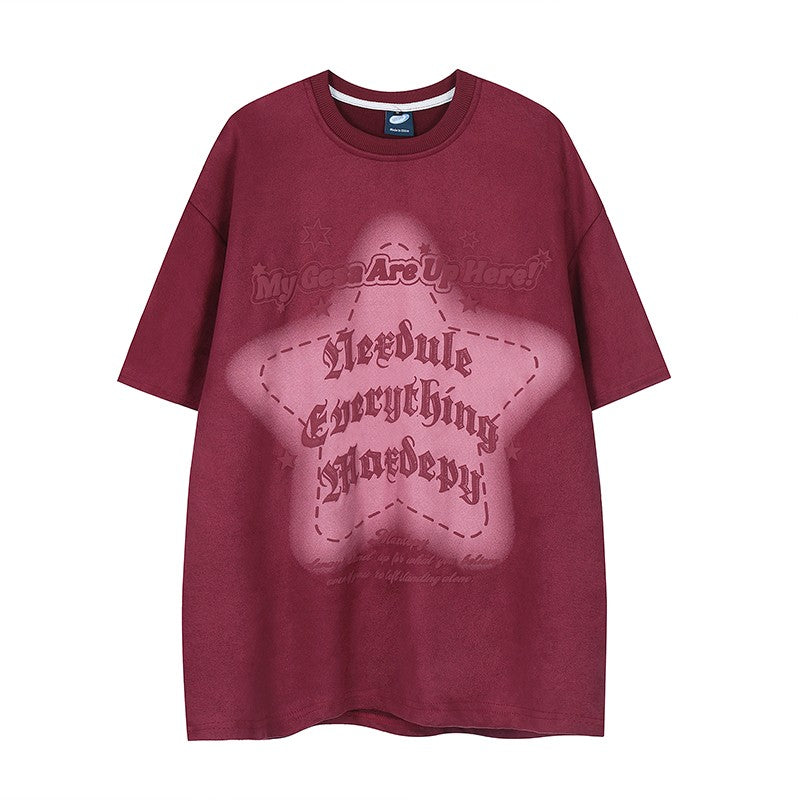 Letter printed star T-shirt casual versatile suede unisex top