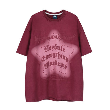 Letter printed star T-shirt casual versatile suede unisex top