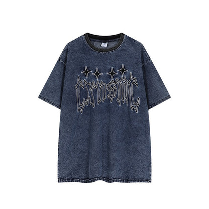 Far Away Star River Embroidery Loose Denim T-shirt