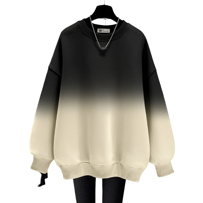 Gradient round neck hoodie women plush loose fitting mid length top