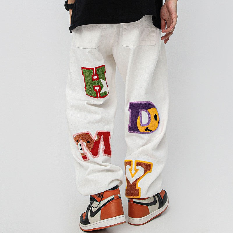 Flocking embroidered jeans men's wide-leg pants