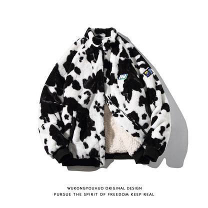 Cow pattern lamb fleece stand collar cotton jacket men and women winter loose couple cotton jacket