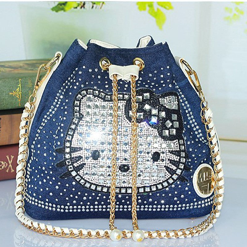 Denim diamond chain hand-held cross-body bucket bag