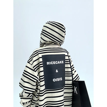 Rice cake loose vintage striped embroidery hooded sweater jacket