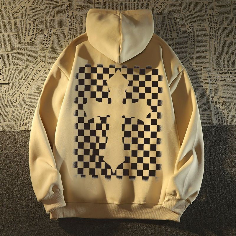 100% cotton unisex checkerboard cross hoodies felpa croce scacchiera