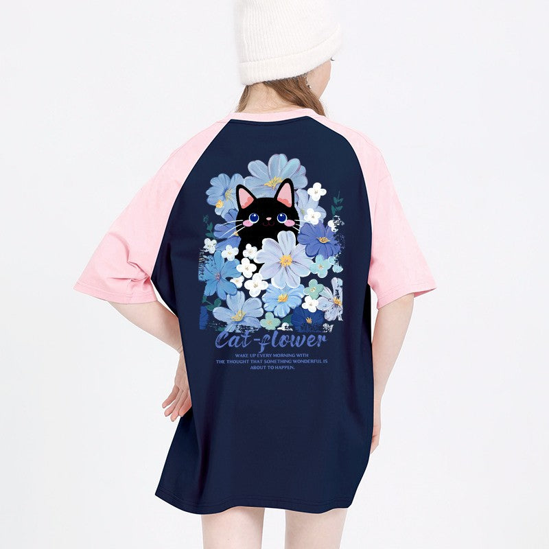 Haze Blue Kitten Print T-shirt Women's Cartoon Top Loose Fit