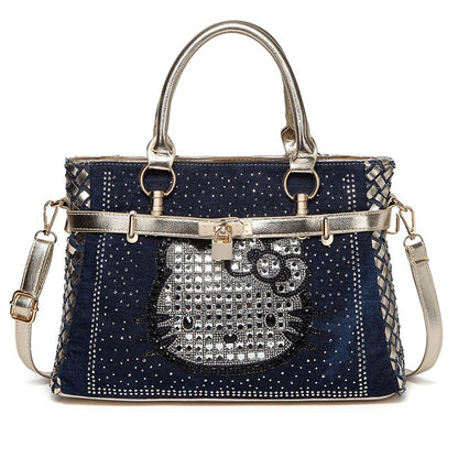 Denim diamond chain hand-held cross-body bucket bag