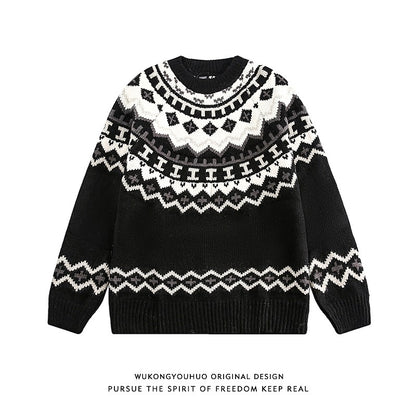 Unisex round neck sweater men's autumn and winter loose couple thickened knitted top