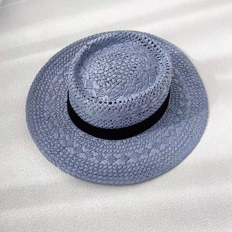 Flat Top Sunscreen Straw Hat Women's Summer Straw Knitted Hat for Beach Travel Hat