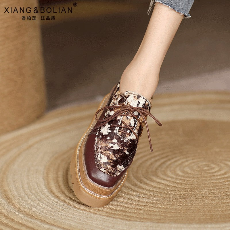 Genuine leather women brogue platform shoes high-heeled