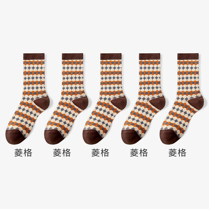 Catman socks women's mid-tube cotton socks autumn and winter ethnic style double needle long socks