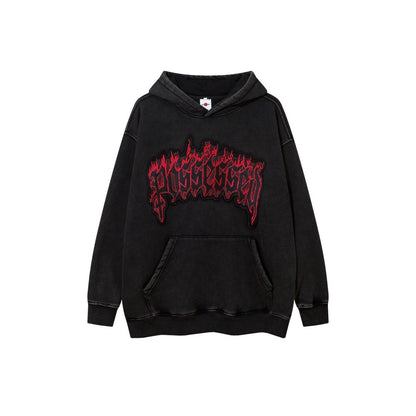 Flame Letter Embroidery Washed Hooded Sweater for Men and Women