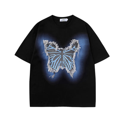 T-shirts street raw edge butterfly patch short-sleeved T-shirt summer couple wear