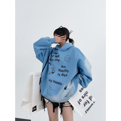 Hoodies unisex couple tops oversize distressed printed blue hooded sweatshirt for women