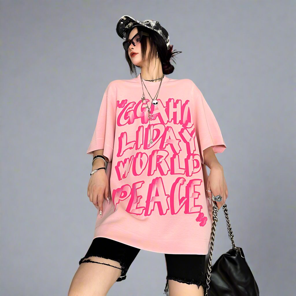 Pink oose large size T-shirt female hip-hop letter street wide top