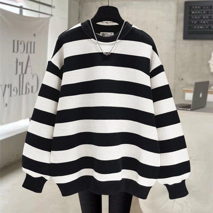 Black and white striped sweatshirt women mid-length top