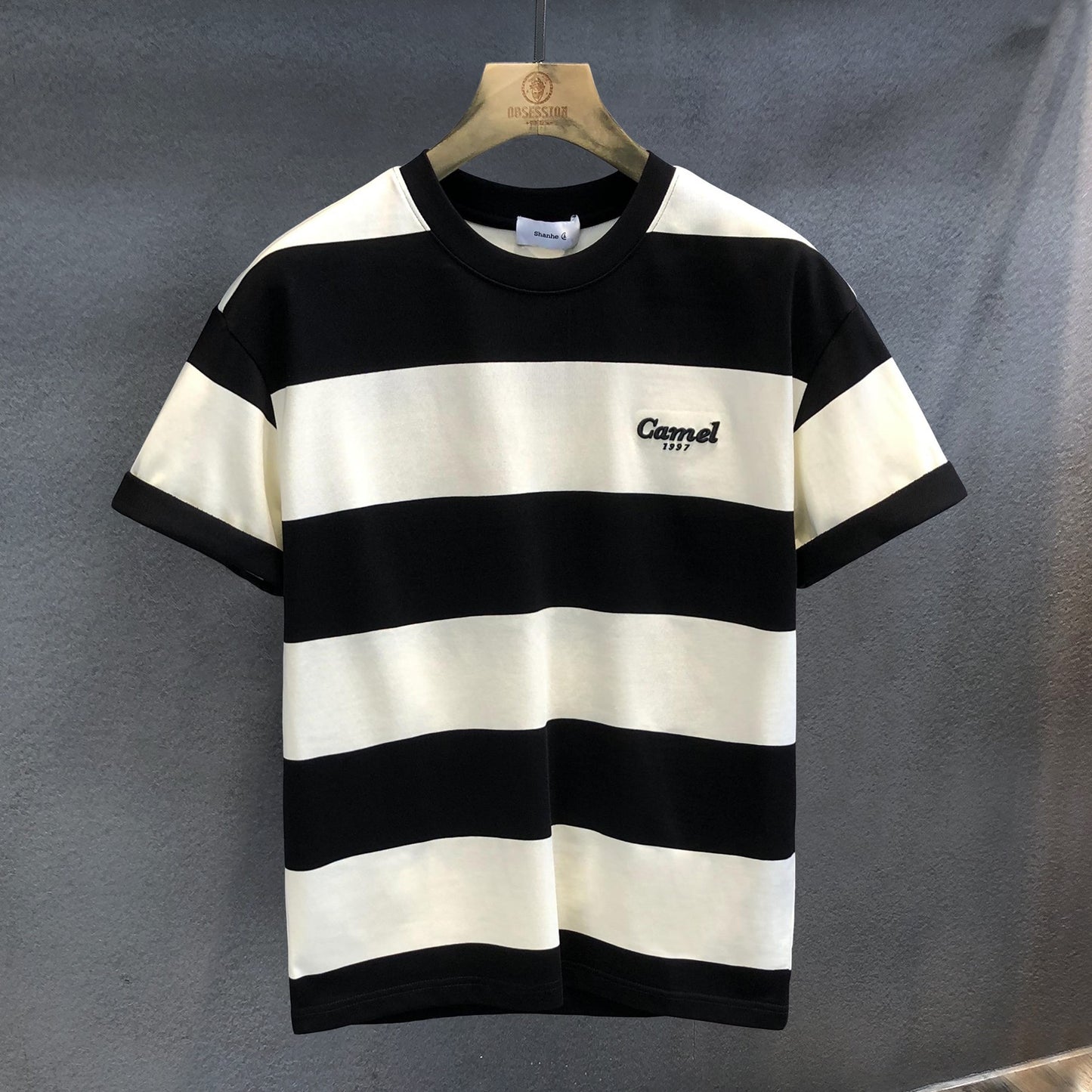 T-shirt black apricot wide grid thick stripe men's clothing