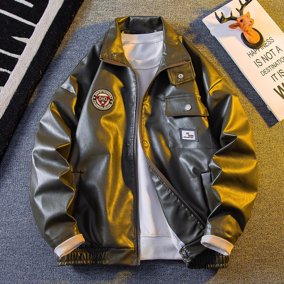 Men collar motorcycle leather jacket