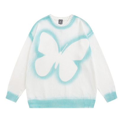 Butterfly painted spray unisex graffiti round neck sweater loose knitted top