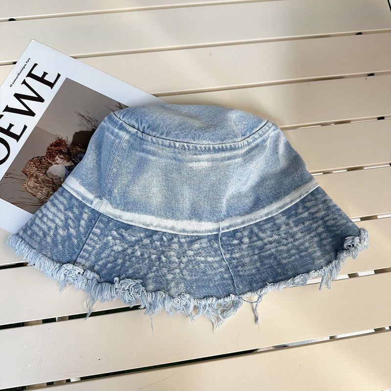 Big eave distressed washed denim fisherman hat