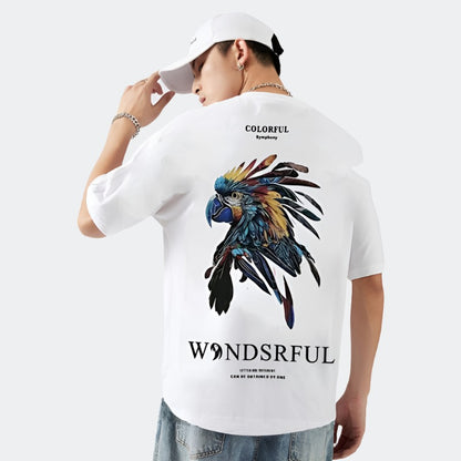 Unisex camicia trend big rooster print hem short-sleeved T-shirt men's summer hip pop top