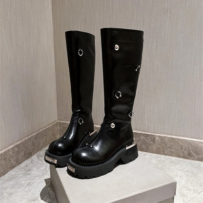 Leather metal rivet long boots