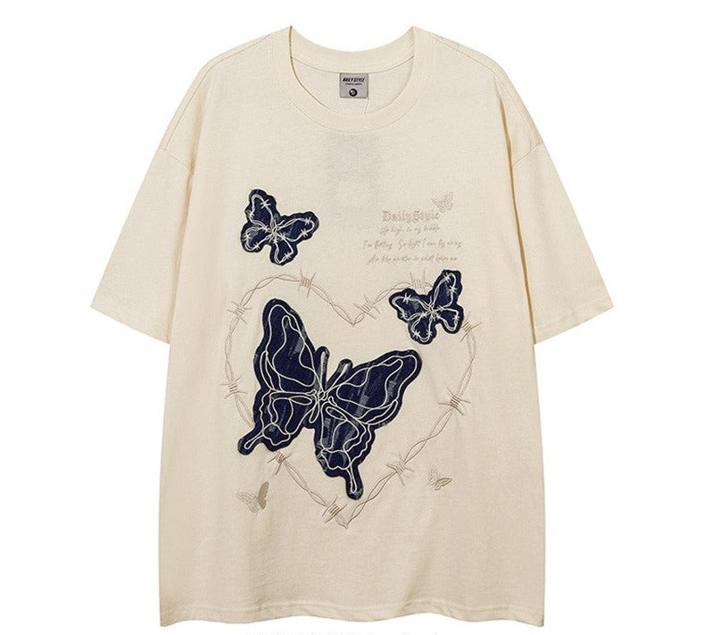 Love Butterfly Embroidery Round Neck T-shirt