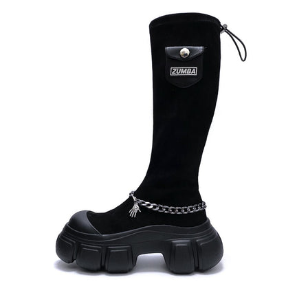 Black elastic boots chainlong boots for women