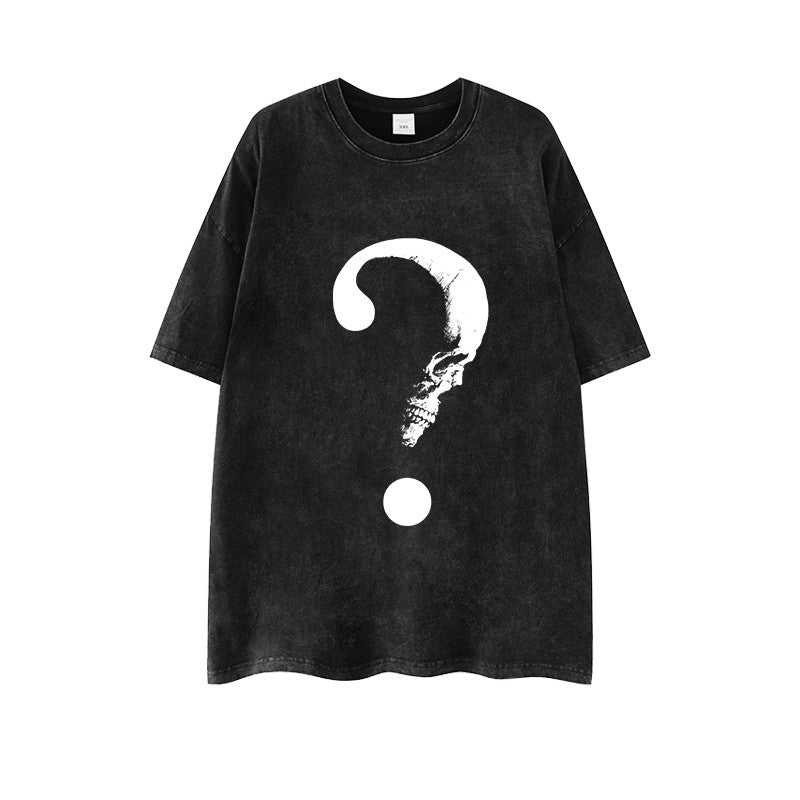 Dark question mark skull unisex washed distressed cotton T-shirt