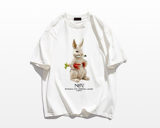 Cartoon rabbit print short sleeved T-shirt for women's summer oversize tee