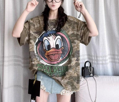 Mid-length oversize camouflage duck short-sleeved T-shirt female